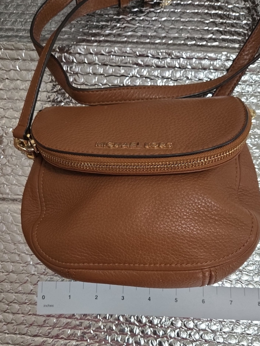 MICHAEL KORS Tan Pebbled Leather Crossbody Saddle Bag - Picture 8 of 10
